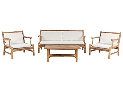 4 Piece Modern Garden Conversation Set Bamboo Wood White Cushions Riccione