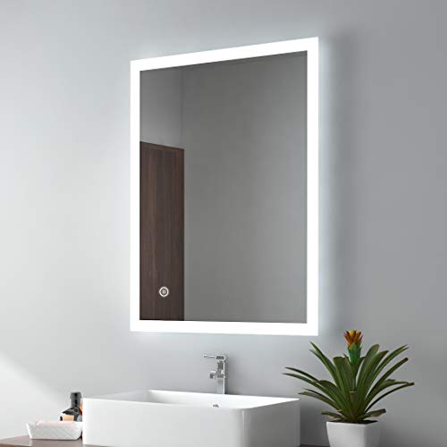 EMKE 450 X 600 mm Backlit Illuminated Bluetooth Bathroom Mirror with Shaver Socket, Wall Mounted Multifunction Bathroom Vanity Mirror with LED Li