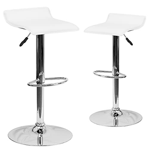 Flash Furniture 2 Pack Contemporary Vinyl Adjustable Height Barstool with Solid Wave Seat and Chrome Base, Fabric, Black, Set of 2