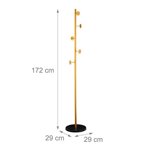 Relaxdays Coat Rack, with Marble Base, Standing Wardrobe with 5 Hooks, Hallway Storage, HxØ: 172 x 29 cm, Black/Gold