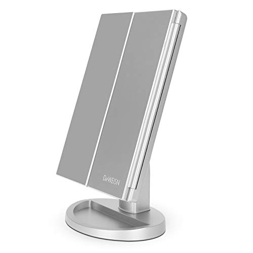 deweisn Tabletop Mount Tri-Fold Lighted Vanity Mirror with 21 LED Lights, Touch Screen and 3X/2X/1X Magnification, Two Power Supply Modes Make Up
