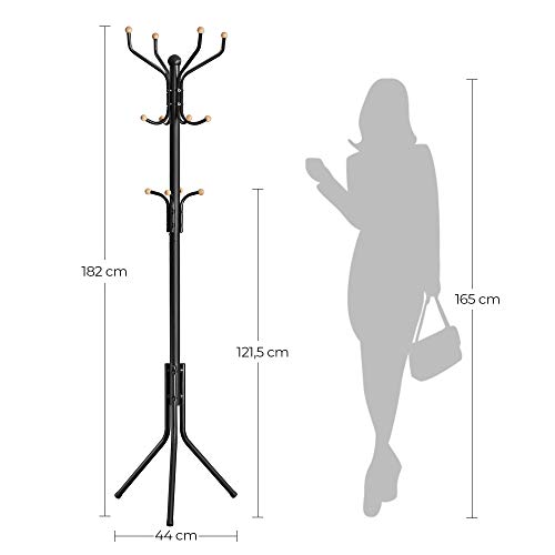 SONGMICS Metal Coat Rack, Clothes Stand, Hat Handbag Hanger, 182 cm Tall Hall Tree, Black RCR19B