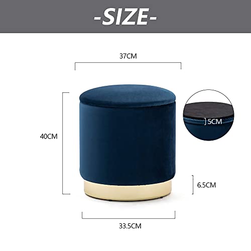 HNNHOME 37cm Round Velvet Ottoman Storage Box with Lid, Pouffe Seat Chair, Living Room Footstool, Bedroom Dressing Stool with Gold Plating Base (
