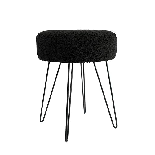 OHS Teddy Fleece Stool Hairpin Boucle Leg Foot Stool Rest Bedroom Upholstered Vanity Dressing Table Chair Round Pouffe - White