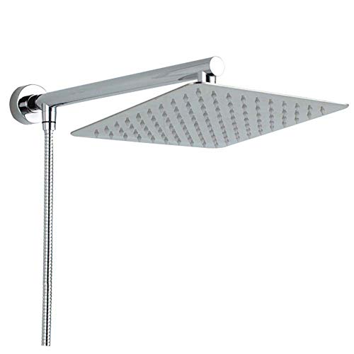 Rozin Wall Mount 12 inch Rainfall Square Shower Head with Shower Arm Shower Hose Stainless Steel Chrome Finish