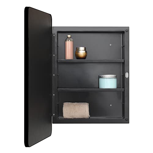 Fundin Plastic Mirror Cabinet, Beveled Edge Mirror Door with Round Corner Metal Frame, Recessed and Surface Mount, Black,40 X 61 CM