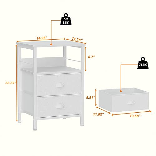 Furologee Nightstands Set 2, Bedside Table with 2 Fabric Drawers, End Table with 2 Hooks, Open Wood Shelf Side Sofa Table for Bedroom/Living Room
