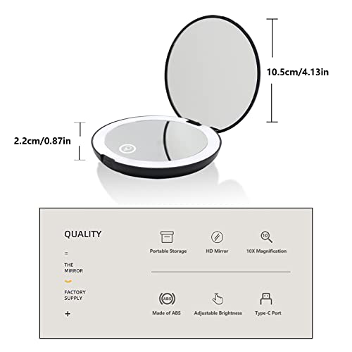 Minidiva LED Lighted Makeup Mirror, 1x/10x Magnification Compact Mirror, Portable Rechargeable for Purses and Travel (Black)