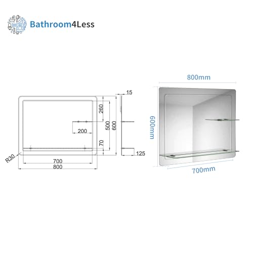 iBathUK Bathroom Mirror with Shelf, 800 x 600mm Wall Mounted Vanity Mirror with Double Storage Frameless Mirror, Bathroom Room Hanging Mirror