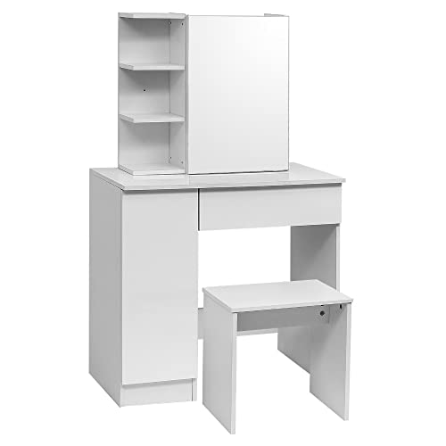 JJZXD Dressing Table with Cabinet Makeup Vanity Table Bedroom Dresser Set with Dressing Stool Drawer 3 Shelves