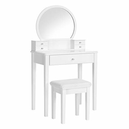 VASAGLE Dressing Table Set with Mirror, Modern Makeup Table with Cushioned Stool and 5 Drawers, 70 x 40 x 134 cm, Vanity Set, Gift Idea, White RD