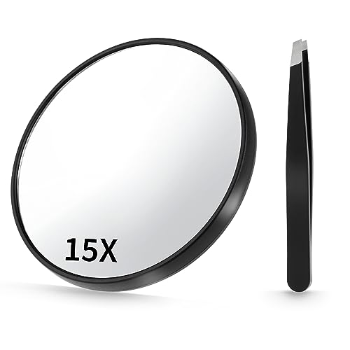 Sibba 15X Magnifying Mirror with 2 Suction Cups, 3.5 inches Magnifying Makeup Mirror with Slant Tweezers, Travel Compact Portable Magnifying Mirr