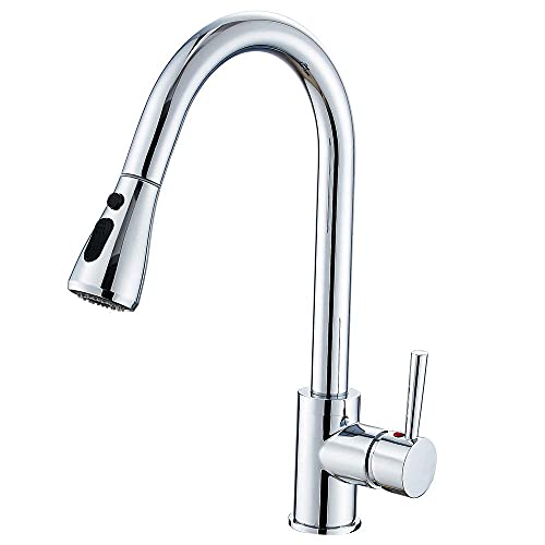 Heable Kitchen Sink Mixer Tap with Pull Down Sprayer Chrome, Single Handle High Arc Pull Out Kitchen Taps, Single Level Solid Brass Kitchen Fauce
