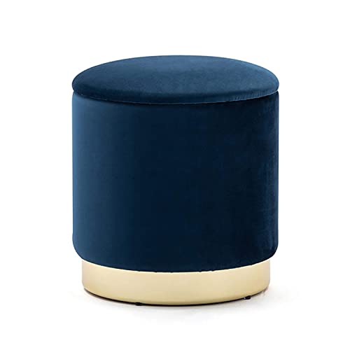 HNNHOME 37cm Round Velvet Ottoman Storage Box with Lid, Pouffe Seat Chair, Living Room Footstool, Bedroom Dressing Stool with Gold Plating Base (