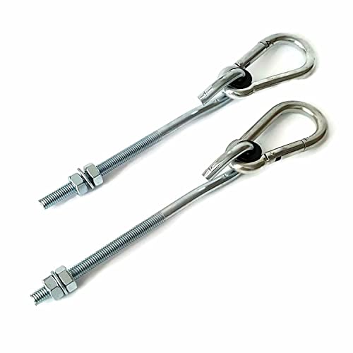 Pair of Heavy Duty Swing Hook Hangers 150mm Long M10 Galvanized - Hammock Hooks Heavy Duty with Stainless Steel Carabiner, Nuts and Washers - Gar