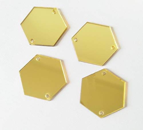 MEYA Sew On Hexagon Acrylic Mirror Beads, Mirror Diamante Rhinestone Crystal Flat Back Mirror Beads with Hole (Gold)