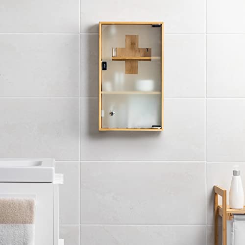 Navaris Medicine Cabinet - Lockable Bamboo Cabinet with First Aid Cross, Tempered Glass and Magnet Closing - Wall Mounted Bathroom Cabinet