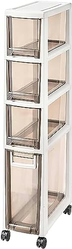 OPSREY Narrow Tall Bathroom Floor Cabinet Large Capacity Slim Toilet Paper Storage Cabinet 4 Drawer Cart with Clear Drawers and Casters Vertical