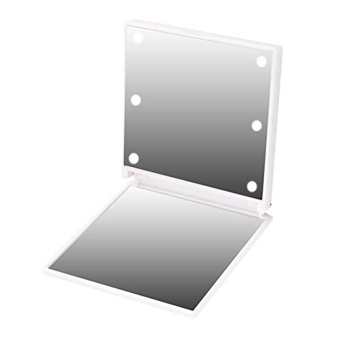 LED Lighted Makeup Mirror, 6 LEDs Handheld Illuminated Compact Mirror Portable Battery Powered Folding Cosmetic Mirror with Light for Women and G