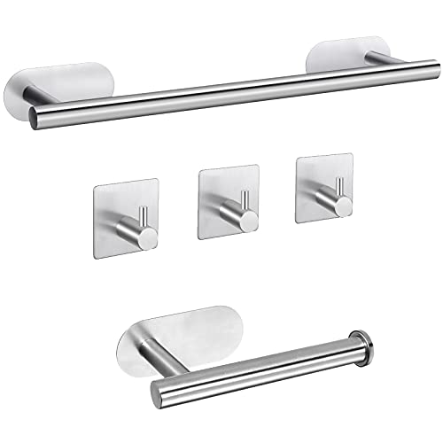 Black Towel Rail Set,JiGiU 5 Pieces Self Adhesive Bathroom Hardware Kit 16 inch Hand Towel Holder,Toilet Paper Holder & 3 Towel Hook SUS304 Stain