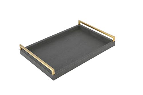 WV Decorative Tray Dark Grey Faux Shagreen Leather with Brushed Gold Stainless Steel Handle ,Serving Tray for Coffee Table, Ottoman in Living Roo