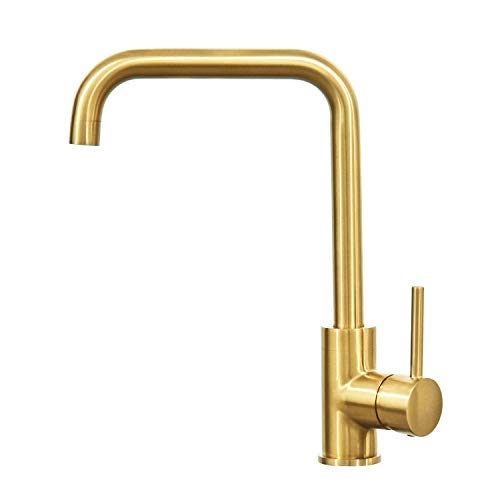 Hapilife Brushed Gold Kitchen Sink Mixer Tap Single Lever High Arc 360 Swivel 10 Year Warranty, DT07T