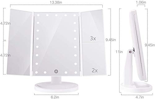 Makeup Vanity Mirror with Lights,1x 2x 3x Magnification, 21Leds Light and Touch Screen,180 Degree Rotation,Dual Power Supply, Portable Trifold Tr