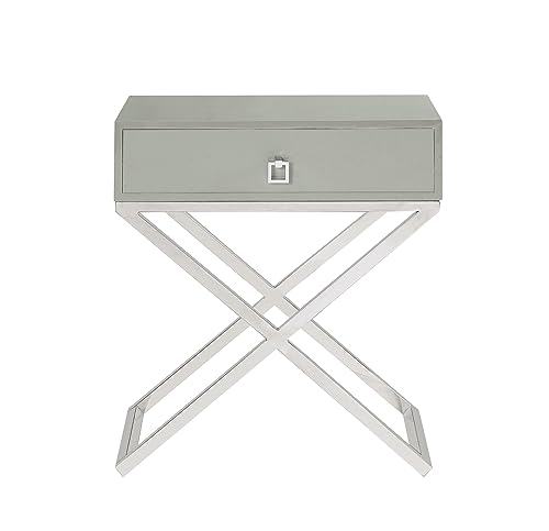 Iconic Home Ithaca Nightstand Side Table with Self Closing Drawer Lacquer X Base Nickel Finished Stainless Steel, Modern Contemporary, Grey