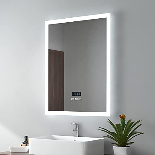 EMKE 450 X 600 mm Backlit Illuminated Bluetooth Bathroom Mirror with Shaver Socket, Wall Mounted Multifunction Bathroom Vanity Mirror with LED Li
