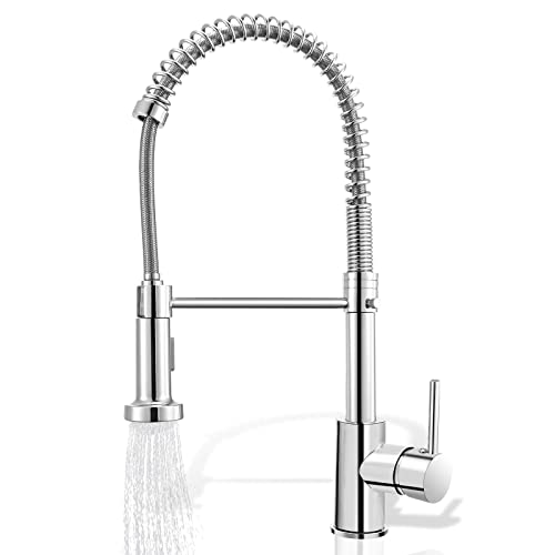 Pakuyi Spring Kitchen Sink Faucet Single Handle Single Lever High Arc Spring Faucet 360° Swivel Spring Kitchen Mixer Tap with Pull Out Sprayer wi