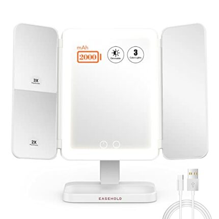 EASEHOLD Lighted Makeup Mirror with 1X/2X/3X Magnification, 60 LEDs, 3-Color Lighting Modes, Stepless Dimming, 2000 mAh Rechargeable Battery, for
