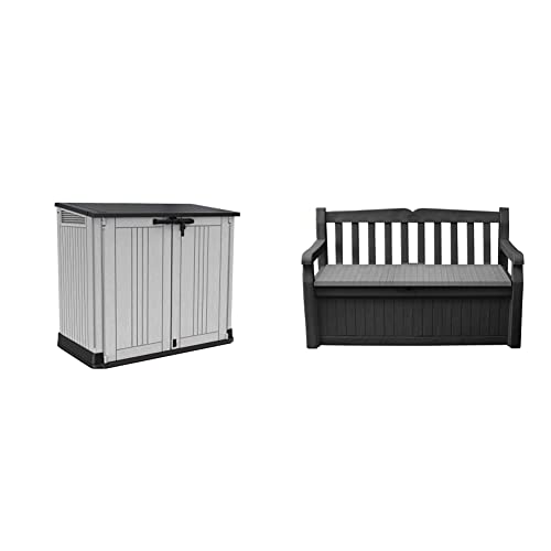 Keter 249317 Store it Out Nova Outdoor Garden Storage Shed, 132 x 71.5 x 113.5 cm, Light Grey with Dark Grey Lid & Eden Bench 265L Outdoor Garden