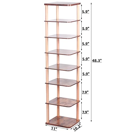 LUCKNOCK 8 Tiers Vertical Narrow Shoe Rack/ Organizer, Stylish Wooden Space Saving Shoe Storage Stand/ Shelf/ Tower Free Standing for Entryway, N