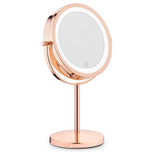 Navaris LED Illuminated Makeup Mirror - Two-Sided Vanity Mirror with Normal and 5x Magnification - 360° Cosmetic Mirror with Touch Screen - Coppe