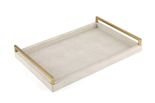 WV Decorative Tray Dark Grey Faux Shagreen Leather with Brushed Gold Stainless Steel Handle ,Serving Tray for Coffee Table, Ottoman in Living Roo