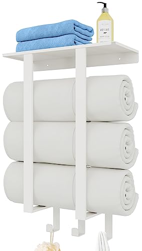 Towel Rack Wall Mounted, BETHOM Towel Racks with Shelf and 3 Hooks for Small Bathroom, Towel Storage Wall Can Holds Up to 3 Large Size(160x100 cm
