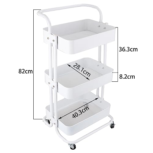 ASelected 3 Tier Storage Trolley with Lock 82x45x37CM Kitchen Storage Utility Cart Rolling Storage Rack for Bedroom Bathroom Office(White)