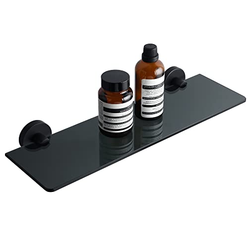 Mooche Bathroom Shelf Tempered Black Glass Shelf Wall Mounted 15 Inch Shower Storage Shelves with SUS304 Stainless Steel Golden Shelf Bracket, GD
