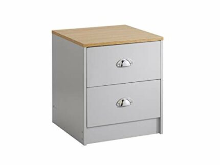 House & Homestyle Linwood 2 Drawer Bedside Table with Chrome Cup Handles - Grey and Oak Effect - H 45cm x W 40cm x D 40cm