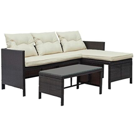 CZDYUF Outdoor Patio 3 Pcs Rattan Wicker Sofa Set, With Lounger Seat, Beige Cushions