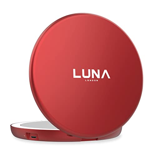 LUNA London Compact 2.0 Travel Mirror in Scarlet Red | Travel Makeup Mirror with Light | LED Lighted Vanity Mirror with 3 Light Modes | 7X Magnif