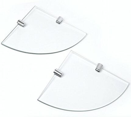 BSM Marketing Set of Two Clear 150mm (7" Approx) 6mm Thickness Toughened Glass Corner Shelves for Bathroom Bedroom Office with Chrome Finish Shel