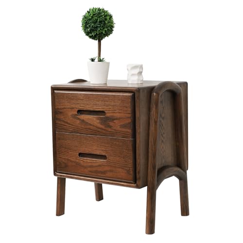 OOKSEN Nightstand, Mid Century Modern Nightstand, Solid Wood Bedside Table with 2 Drawer, Small Night Stand for Bedroom Living Room, Walnut