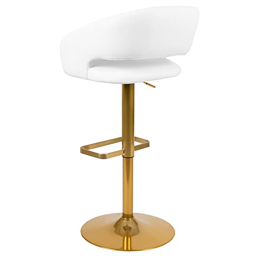 Flash Furniture Erik Comfortable & Stylish Contemporary Barstool with Rounded Mid-Back and Foot Rest, Adjustable Height - White Vinyl with Gold B