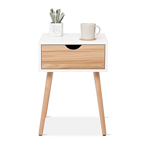 Mondeer Bedside Table with 1 Drawer Side Cabinet Storage Cabinet Scandinavian Style for Bedroom Living Room 40D x 40W x 56H cm, White + Oak