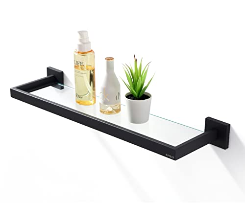 BUVELOT Bathroom Glass Shelf,Rectangular Glass Shower Shelf Black Wall Mounted,Tempered Safety Ultra Clear Glass Shelf 8mm Thickness, Matte Black