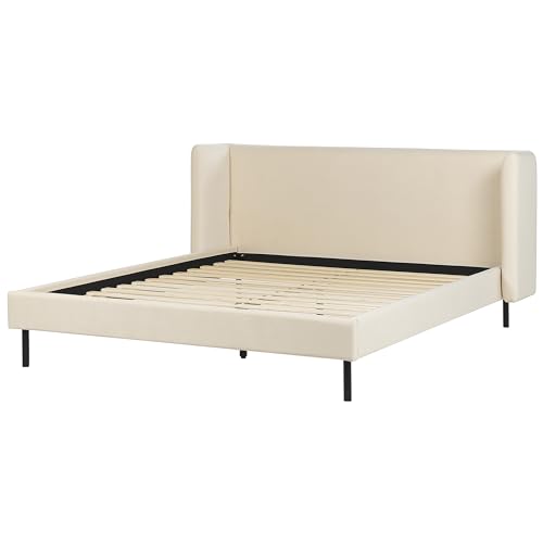 Minimalist Modern EU King Size Velvet Bed Frame 5ft3 Wingback Headboard Black Stable Legs Bedroom Light Beige Arette