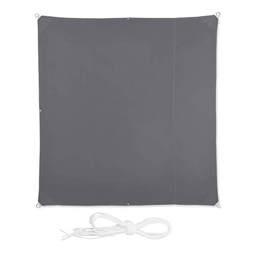 Relaxdays Shade Sail, Square, Water-Repellent, UV-Protection with Tethers, Balcony Canopy, WxD: 2 x 2 m, Grey