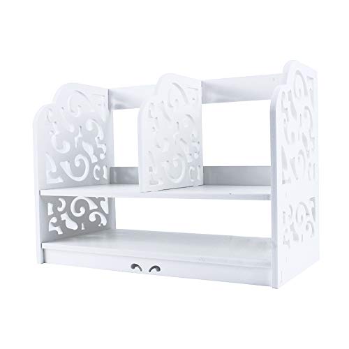 lyrlody Desktop Bookcase,2Tier DIY Wood Baroque Carve Desktop Organizer PVC Desk Book Shelf Storage Holder Rack Small Cosmetics Display Standing