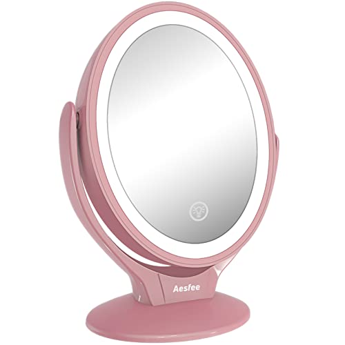 Aesfee LED Lighted Makeup Vanity Mirror Rechargeable, 1x / 7x Magnification Double Sided Magnifying Mirror with Dimmable Touch Screen, Portable I